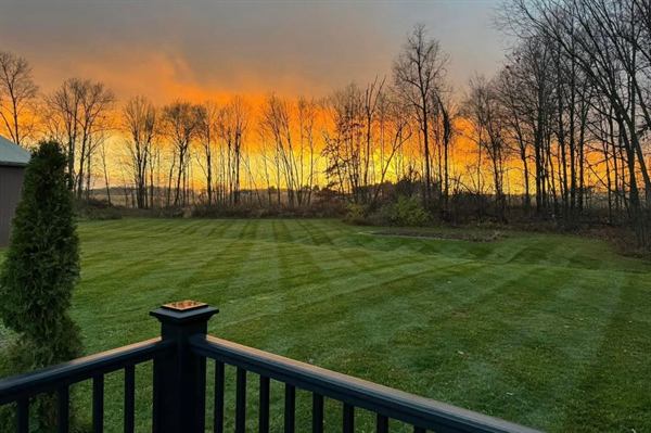 A striped lawn at sunset seen from a deck railing, with bare fall trees behind it.